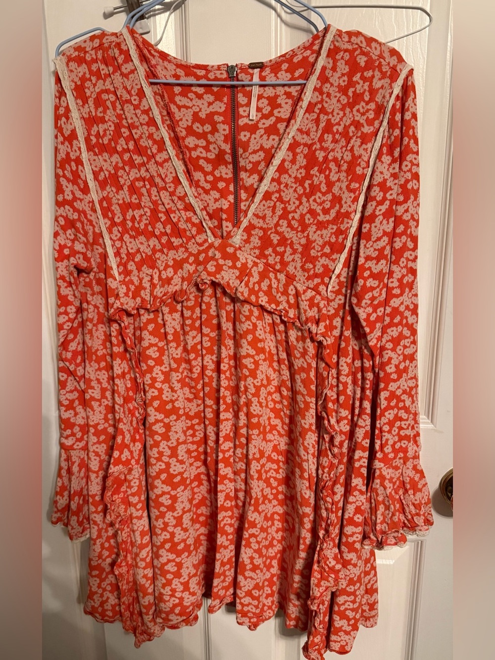 Free People Coral and Cream Floral V-Neck Babydoll Dress with ruffles. Large